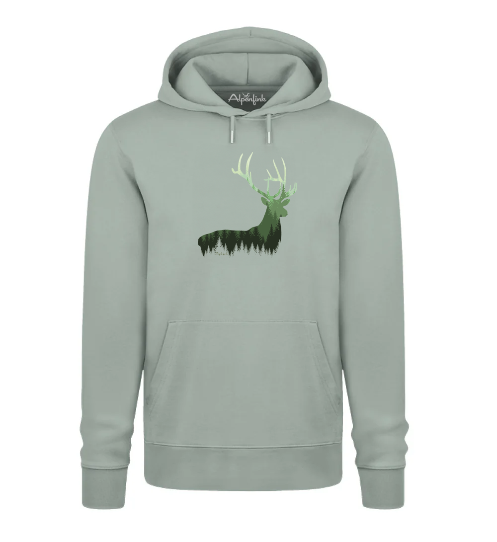 Aloe Herren Bio Hoodie mit Hirsch im Wald Motiv