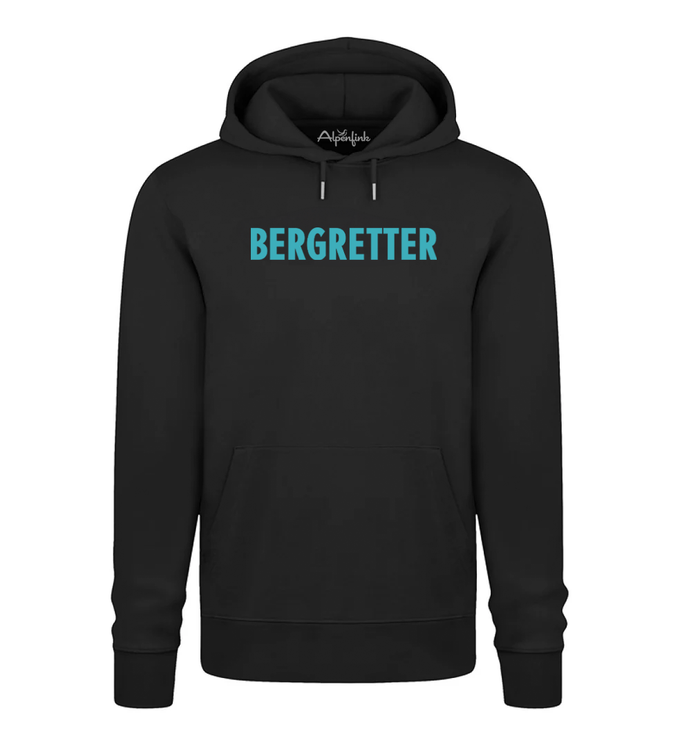 Schwarzer Herren Bio Hoodie mit Bergretter Schriftzug in Türkis