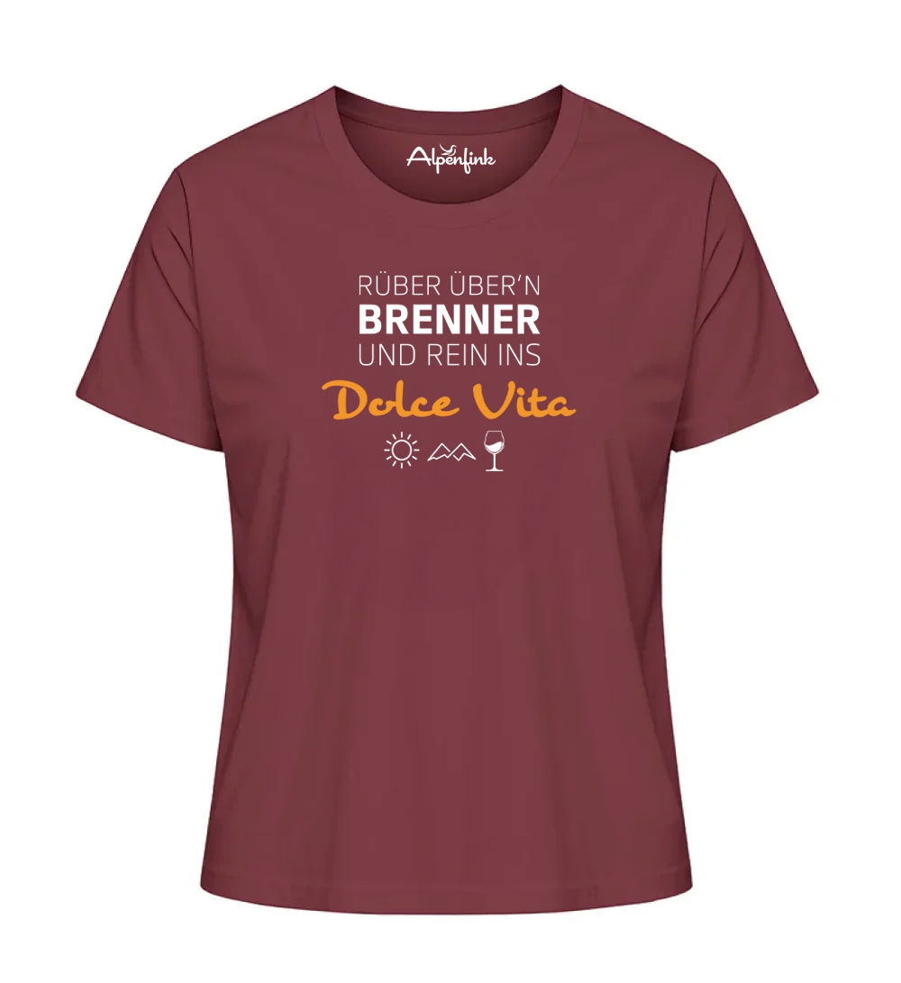 Burgundy Damen Bio T-Shirt mit Motiv „Rüber übern Brenner und rein ins Dolce Vita“