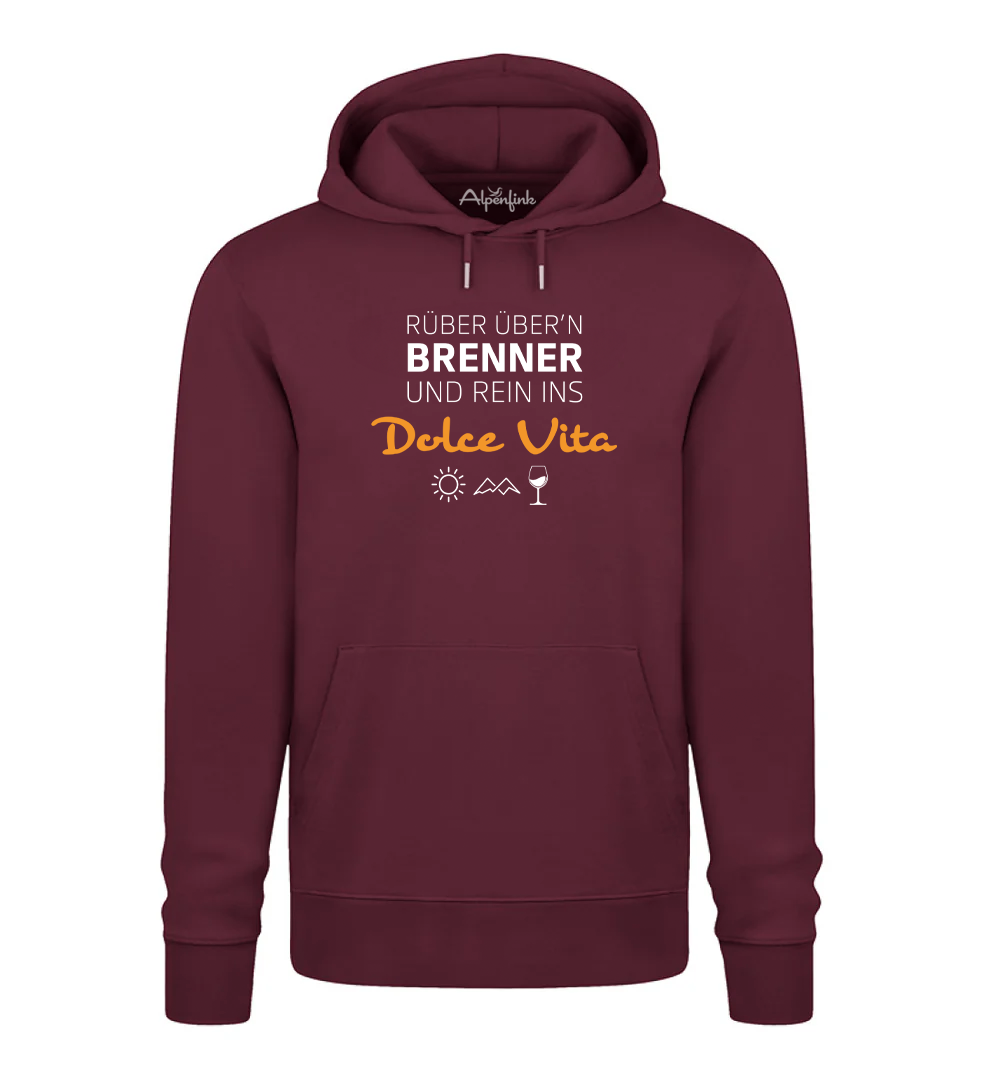 Burgundy Bio Hoodie mit Motiv „Rüber übern Brenner und rein ins Dolce Vita“ für Südtirol-, Italien- und Bergfans