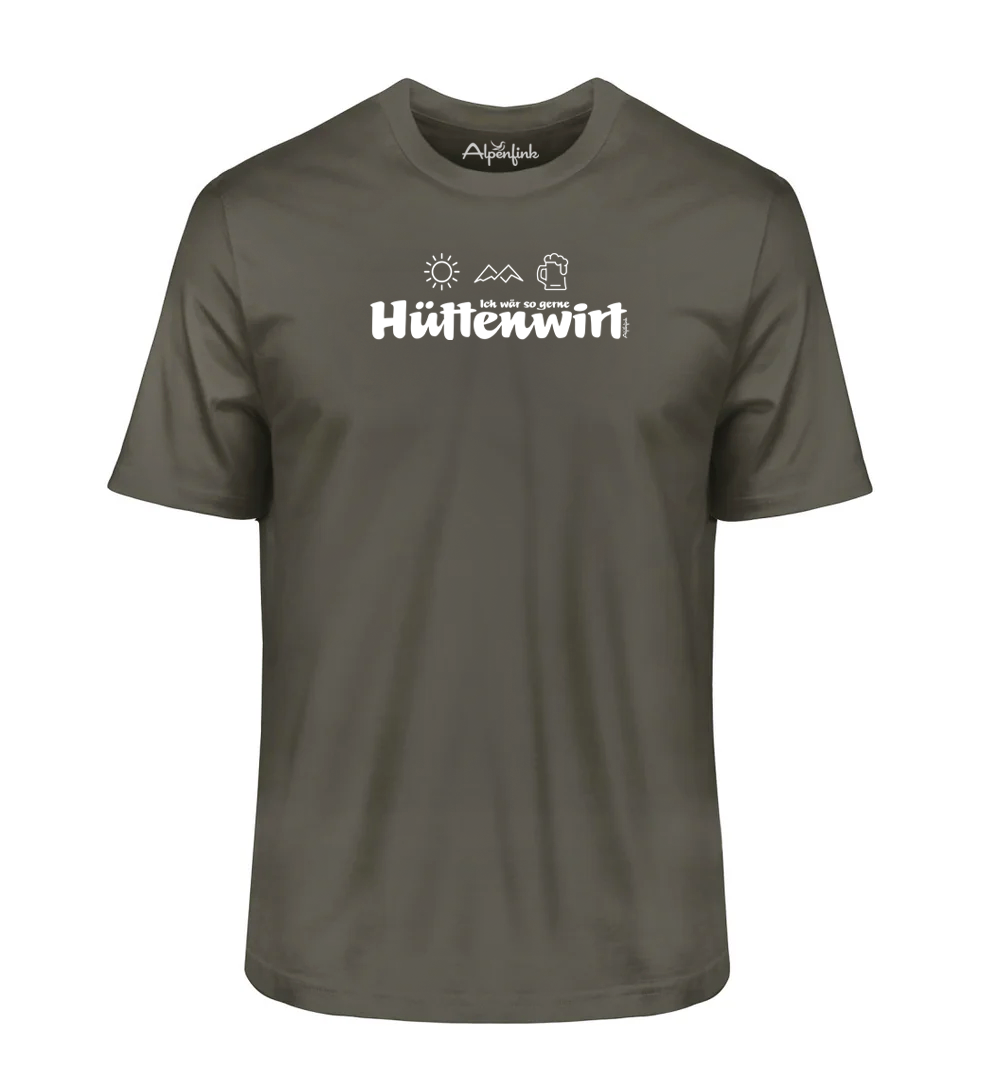 Khaki Herren Bio T-Shirt mit Hüttenwirt Motiv