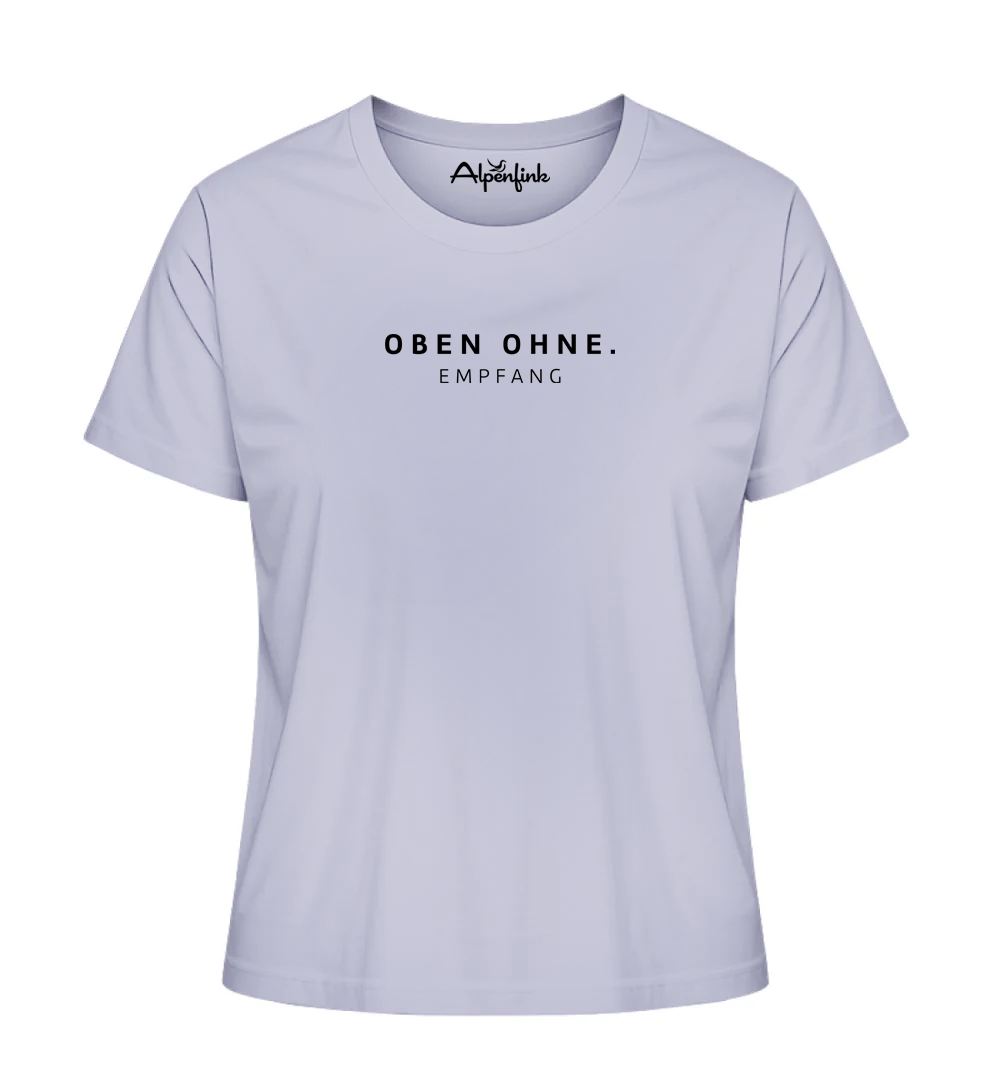 Lavender farbenes Damen Bio T-Shirt mit Spruch „Oben ohne. Empfang“