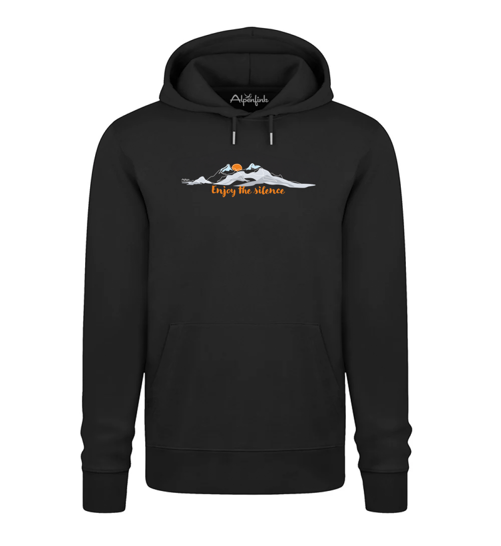 Schwarzer Herren Bio Hoodie mit Enjoy the Silence Bergmotiv
