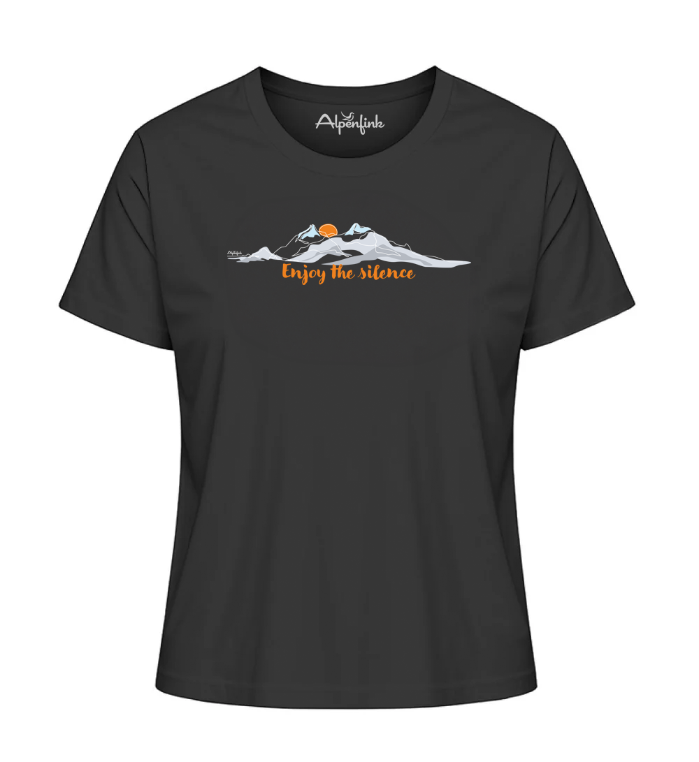 Schwarzes Damen Bio T-Shirt mit Enjoy the Silence Bergmotiv