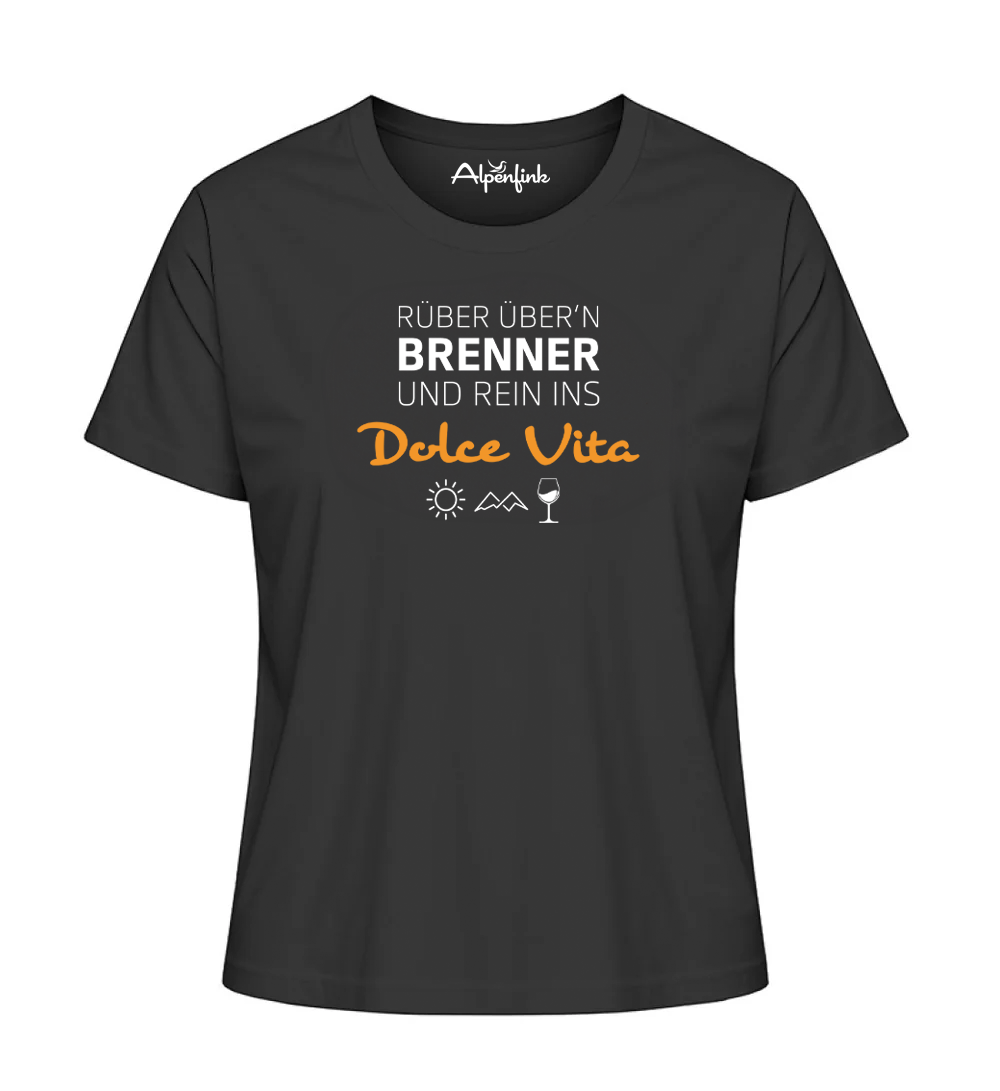 Schwarzes Damen Bio T-Shirt mit Motiv „Rüber übern Brenner und rein ins Dolce Vita“