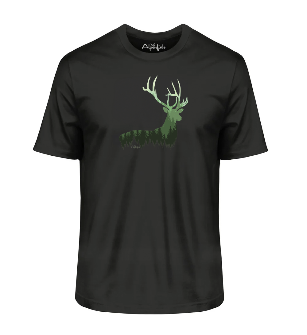 Schwarzes Herren Bio T-Shirt mit Hirsch im Wald Motiv