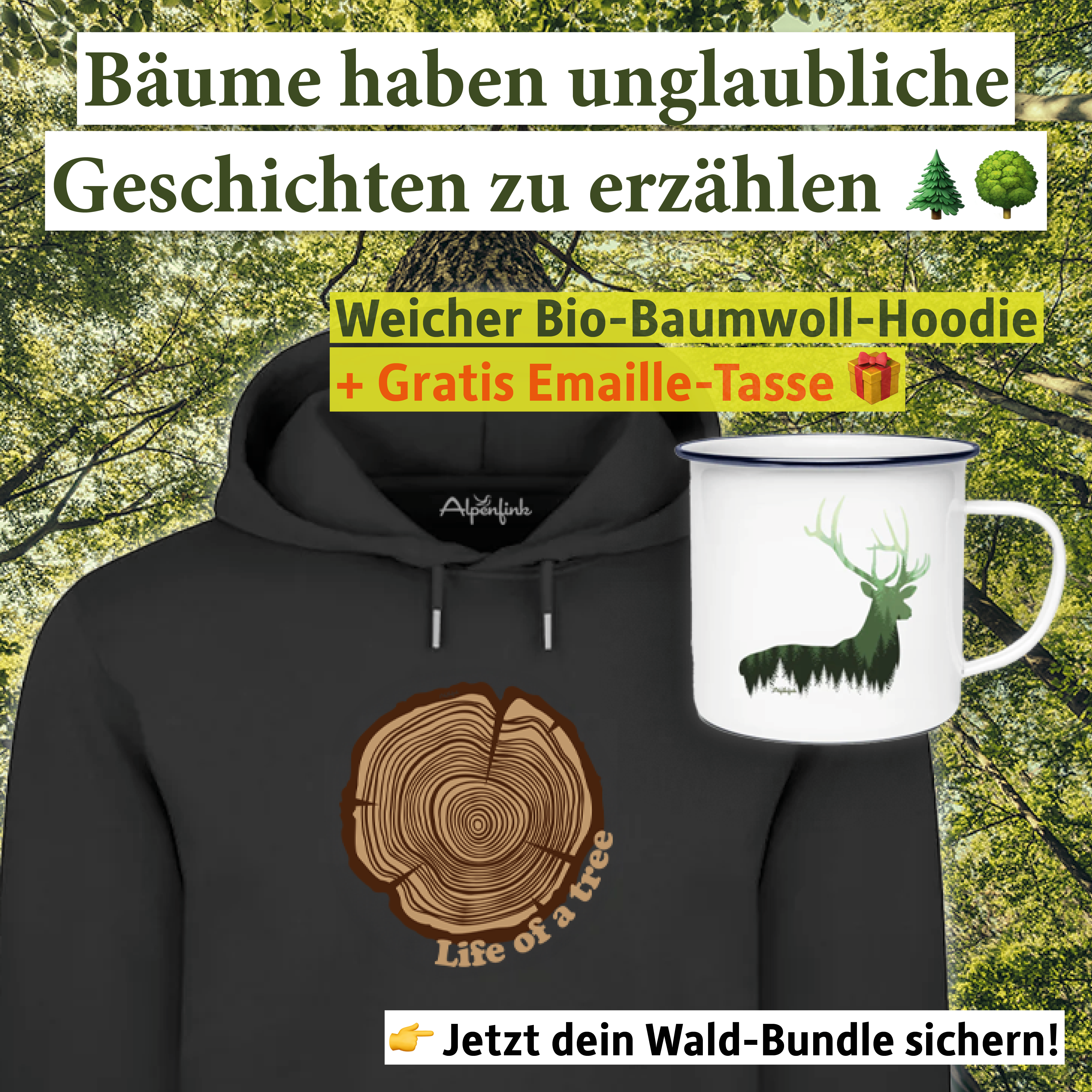 Wald-Bundle – Unisex Organic Hoodie + Gratis Emaille-Tasse