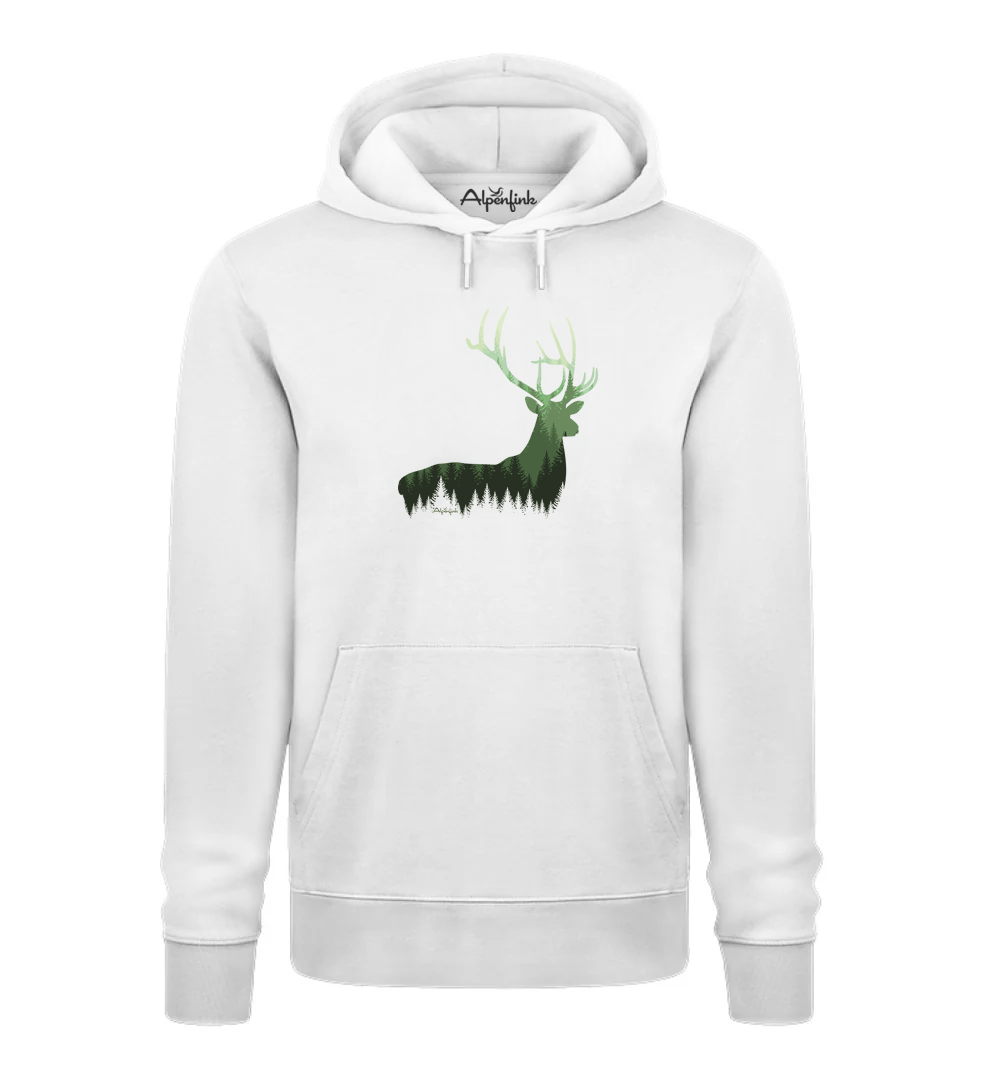 Weisser Herren Bio Hoodie mit Hirsch im Wald Motiv