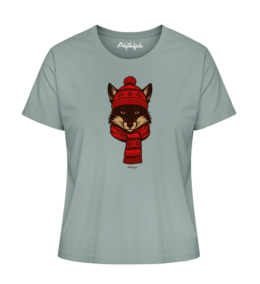 Illustration eines Fuchses mit rot gemusterter Wintermütze und Schal auf einem greenbay-farbenen Alpenfink Damen-T-Shirt.
