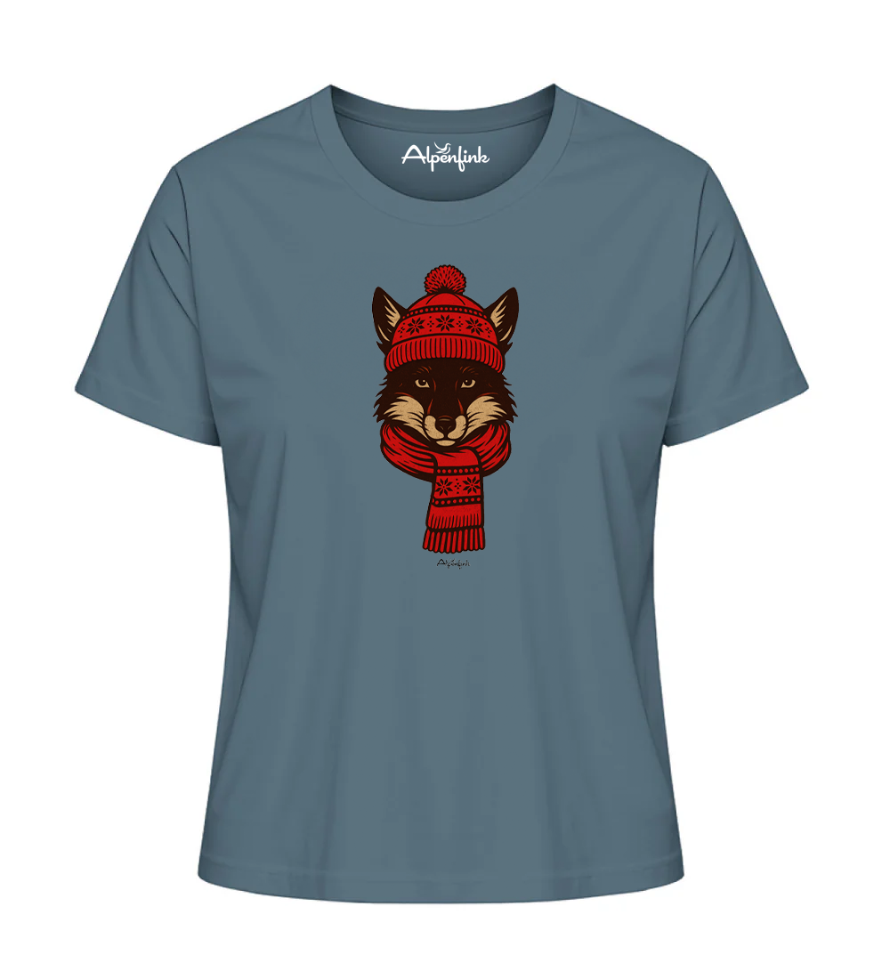 Illustration eines Fuchses mit rot gemusterter Wintermütze und Schal auf einem stargazer-farbenen Alpenfink Damen-T-Shirt.