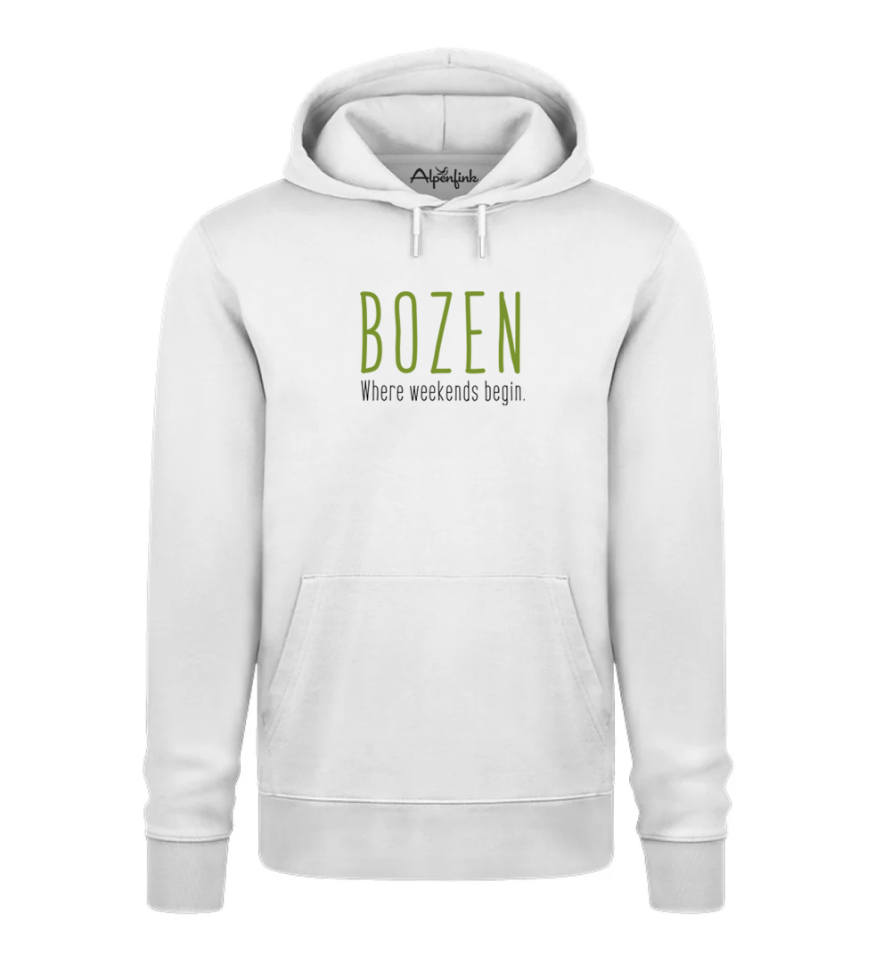 Bozen Unisex Bio-Hoodie in Olivgrün mit „BOZEN – Where weekends begin.“ Motiv für alle, die Südtirol lieben.