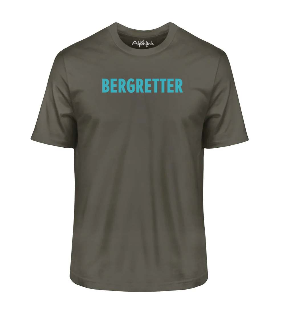 Khaki Bio T-Shirt mit Bergretter Schriftzug und Bergmotiv