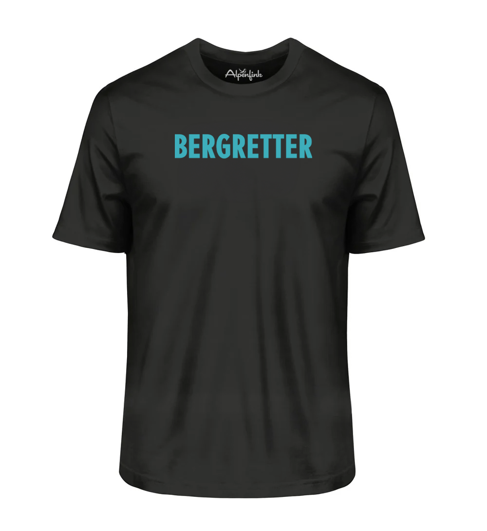Schwarzes Bio T-Shirt mit Bergretter Schriftzug in Türkis