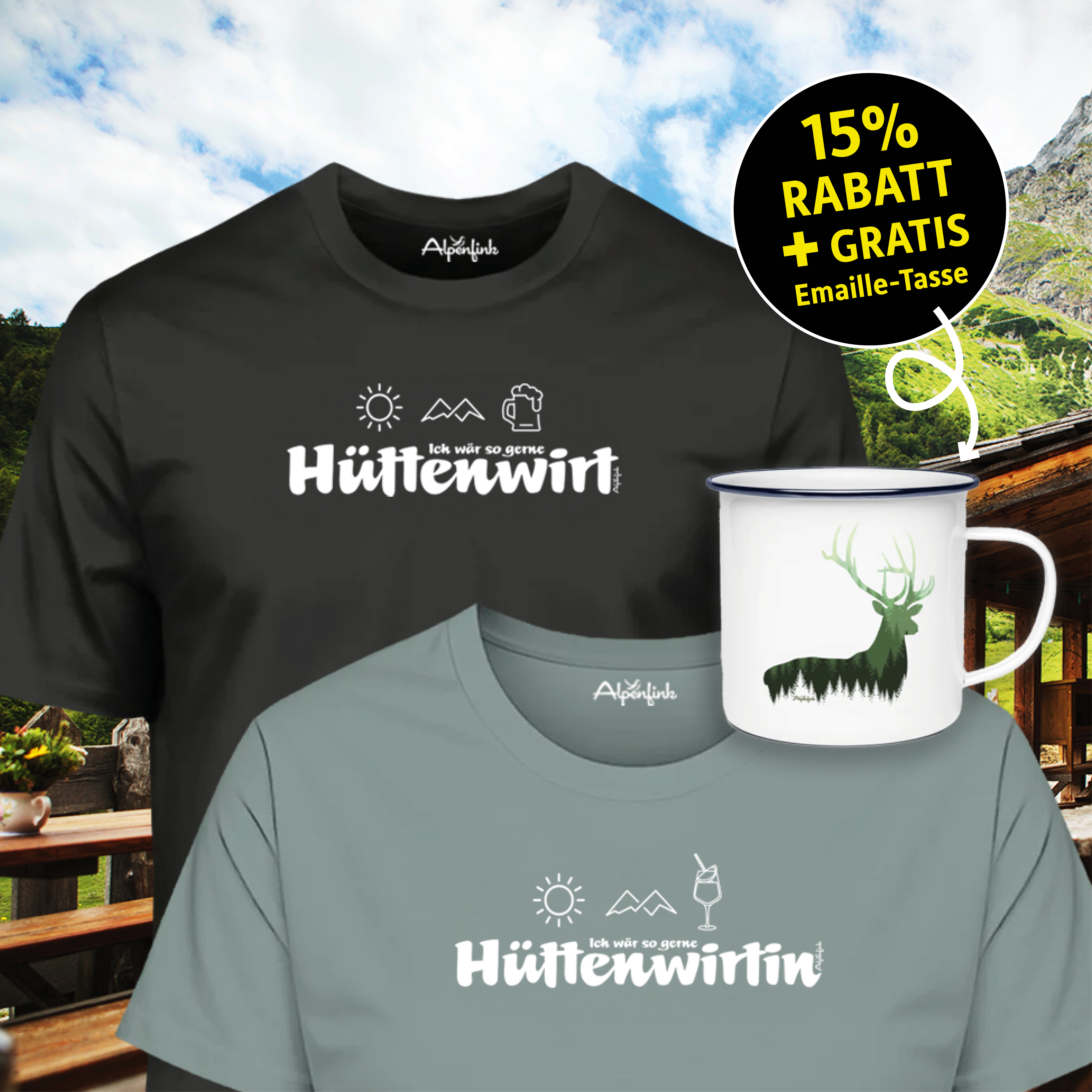 😍 Aktions-Partner-Bundle Hüttenwirt/in: 2 Bio-T-Shirts (m/w) + GRATIS Emaille-Tasse