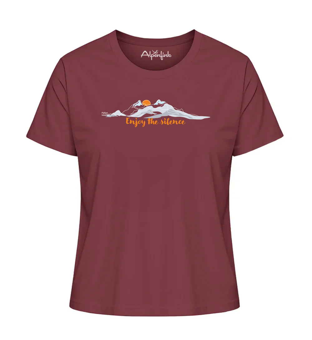 Burgundy Damen Bio T-Shirt mit Enjoy the Silence Bergmotiv