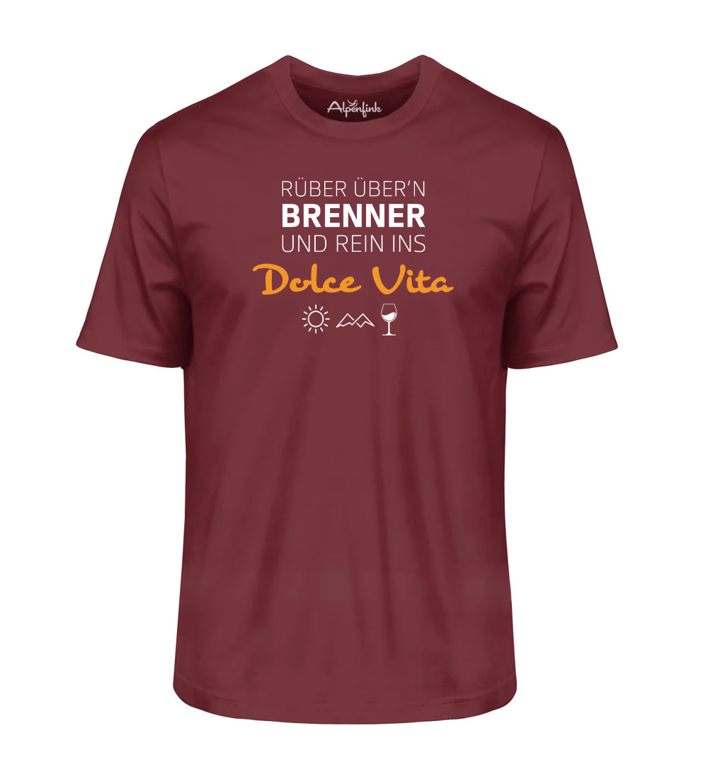 Burgundy Herren Bio T-Shirt mit Motiv „Rüber übern Brenner und rein ins Dolce Vita“
