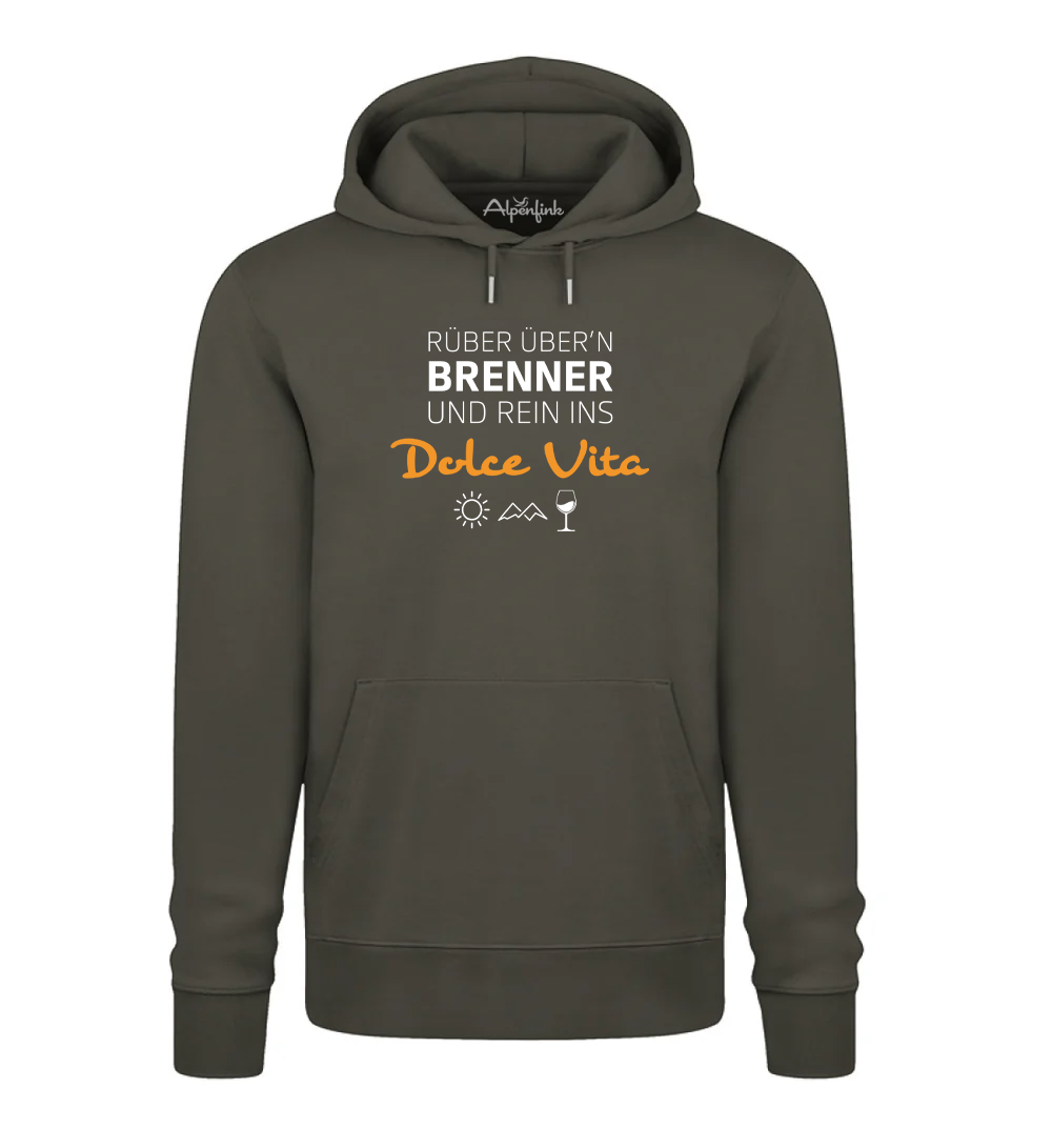 Khaki Bio Hoodie mit Motiv „Rüber übern Brenner und rein ins Dolce Vita“ für Südtirol-, Italien- und Bergfans