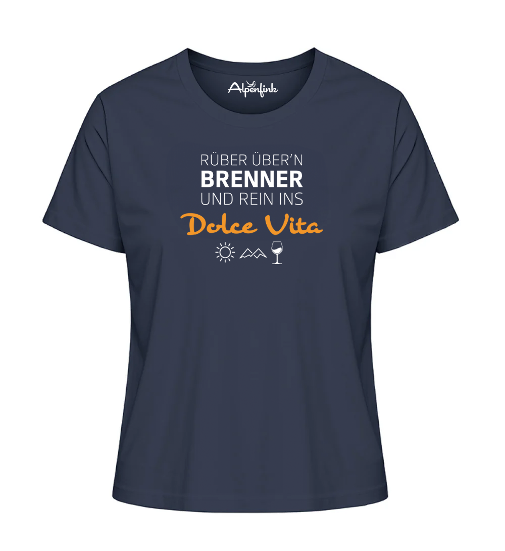 French Navy Damen Bio T-Shirt mit Motiv „Rüber übern Brenner und rein ins Dolce Vita“
