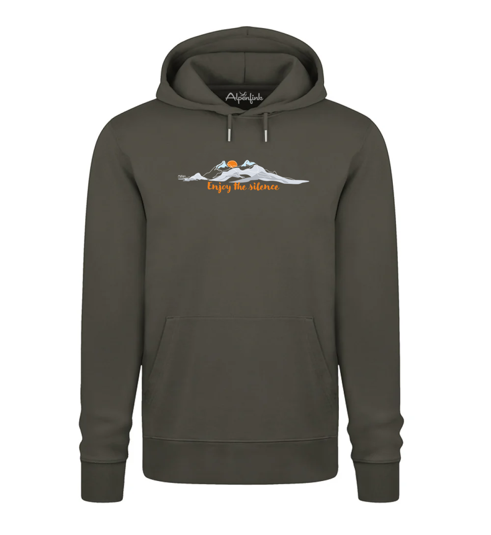 Khaki Herren Bio Hoodie mit Enjoy the Silence Bergmotiv