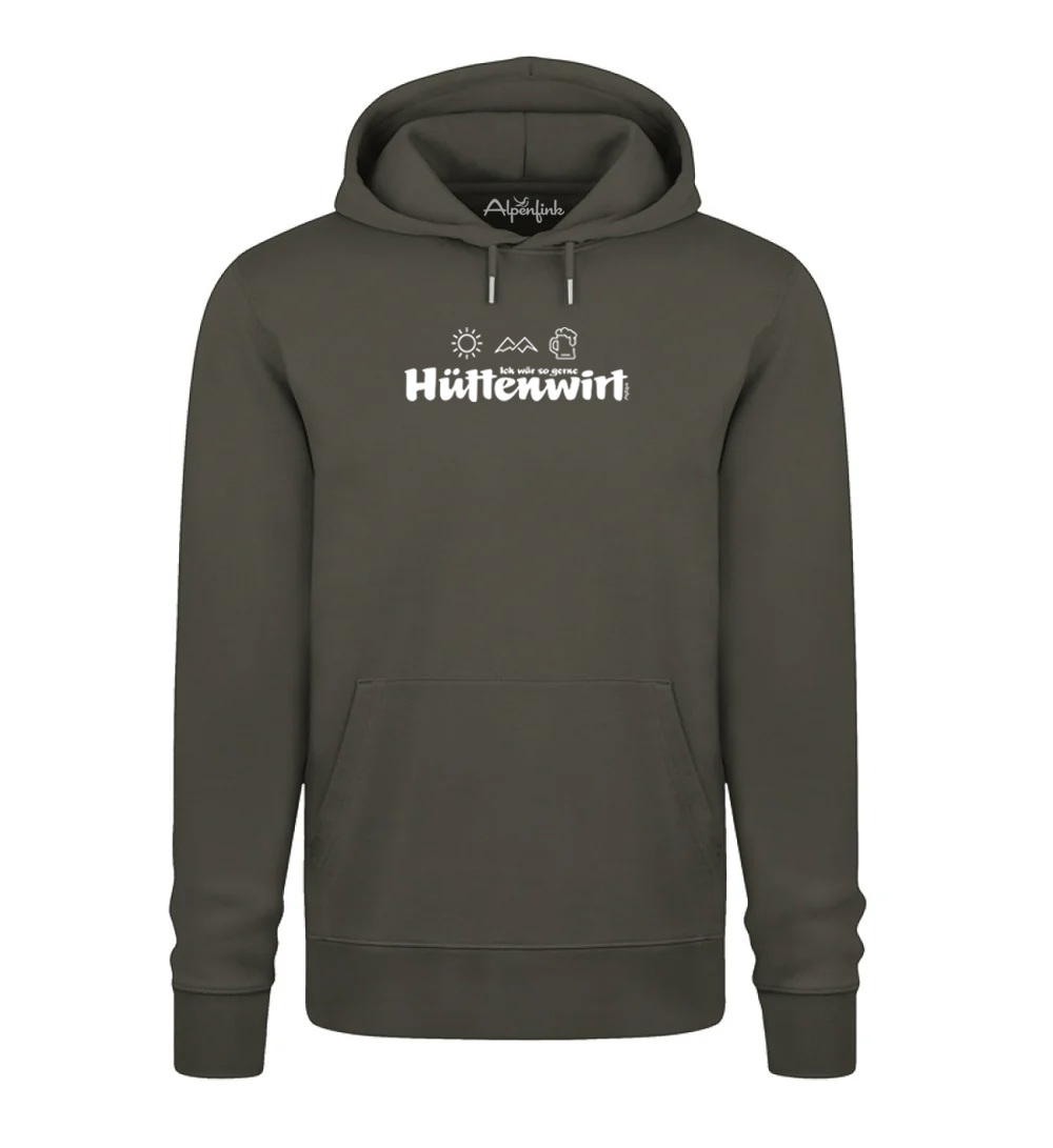 Khaki Herren Bio Hoodie mit Hüttenwirt Motiv
