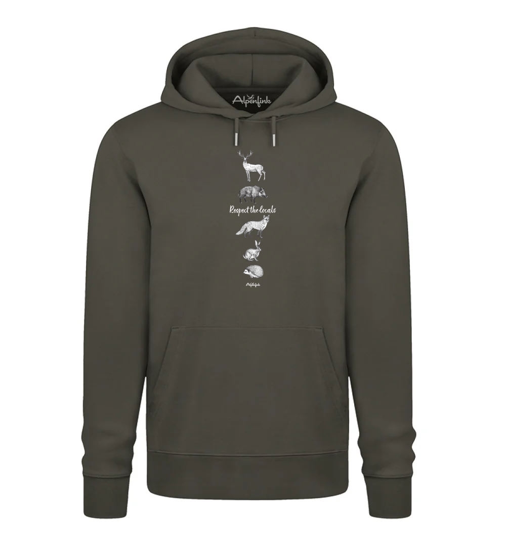 Khaki Herren Bio Hoodie mit Respect the locals Waldtier-Motiv