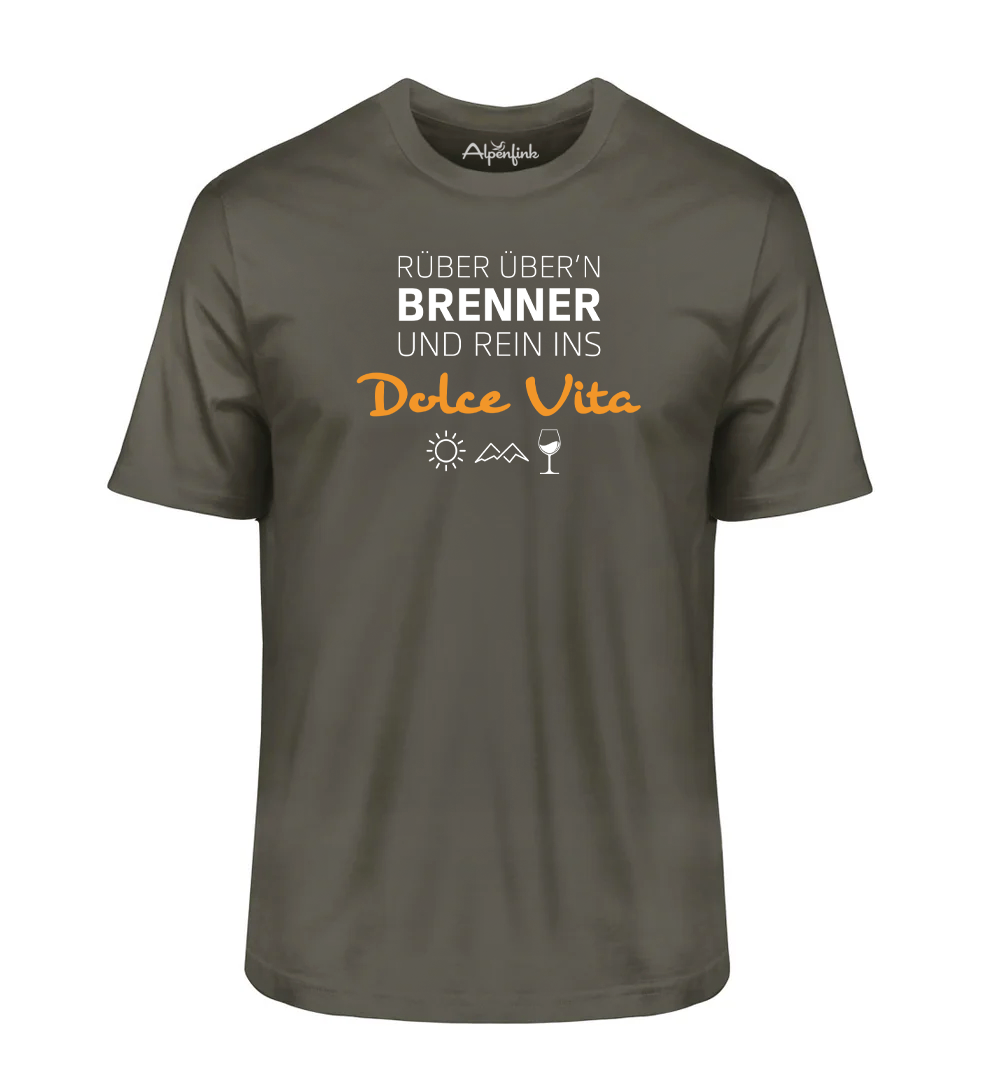 Khaki Herren Bio T-Shirt mit Motiv „Rüber übern Brenner und rein ins Dolce Vita“