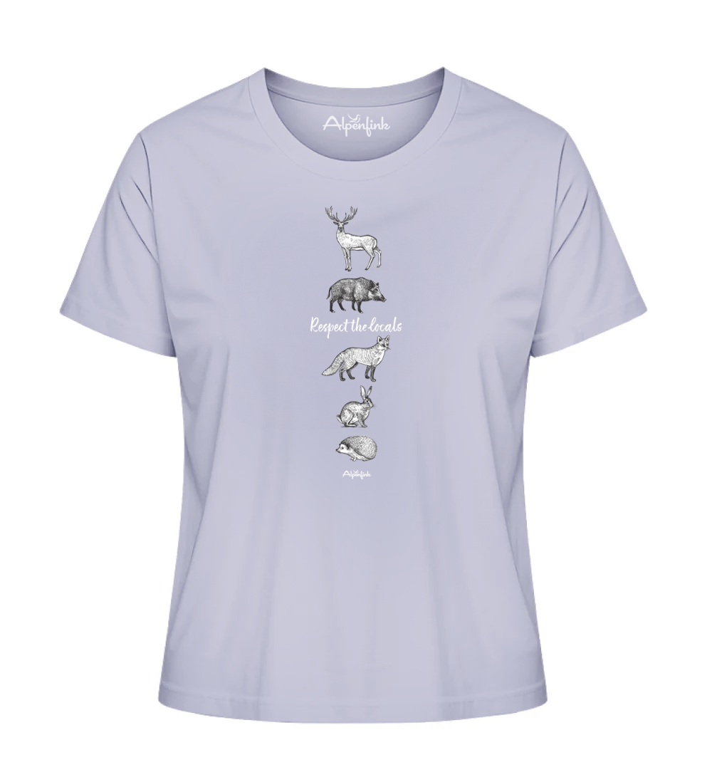 Lavender Damen Bio T-Shirt mit Respect the locals Waldtier-Motiv