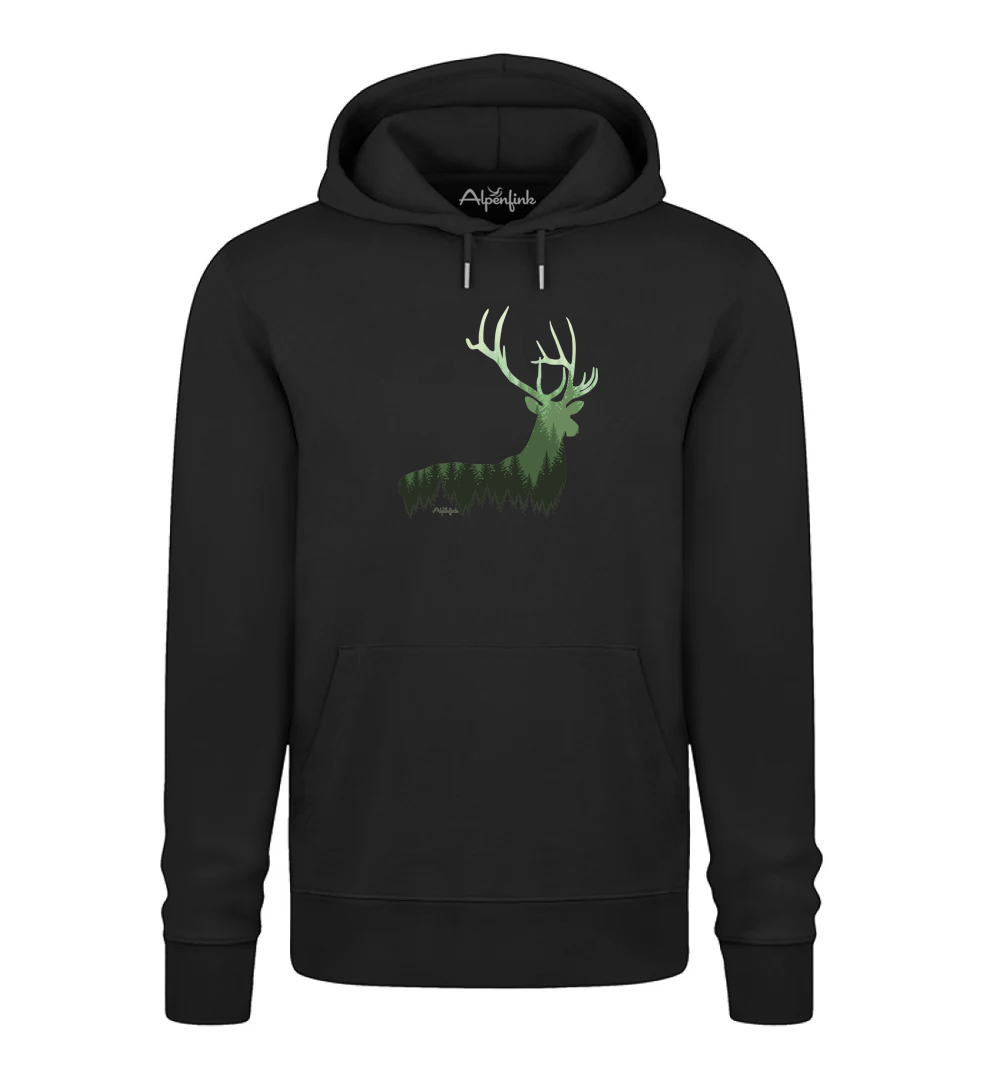 Schwarzer Herren Bio Hoodie mit Hirsch im Wald Motiv