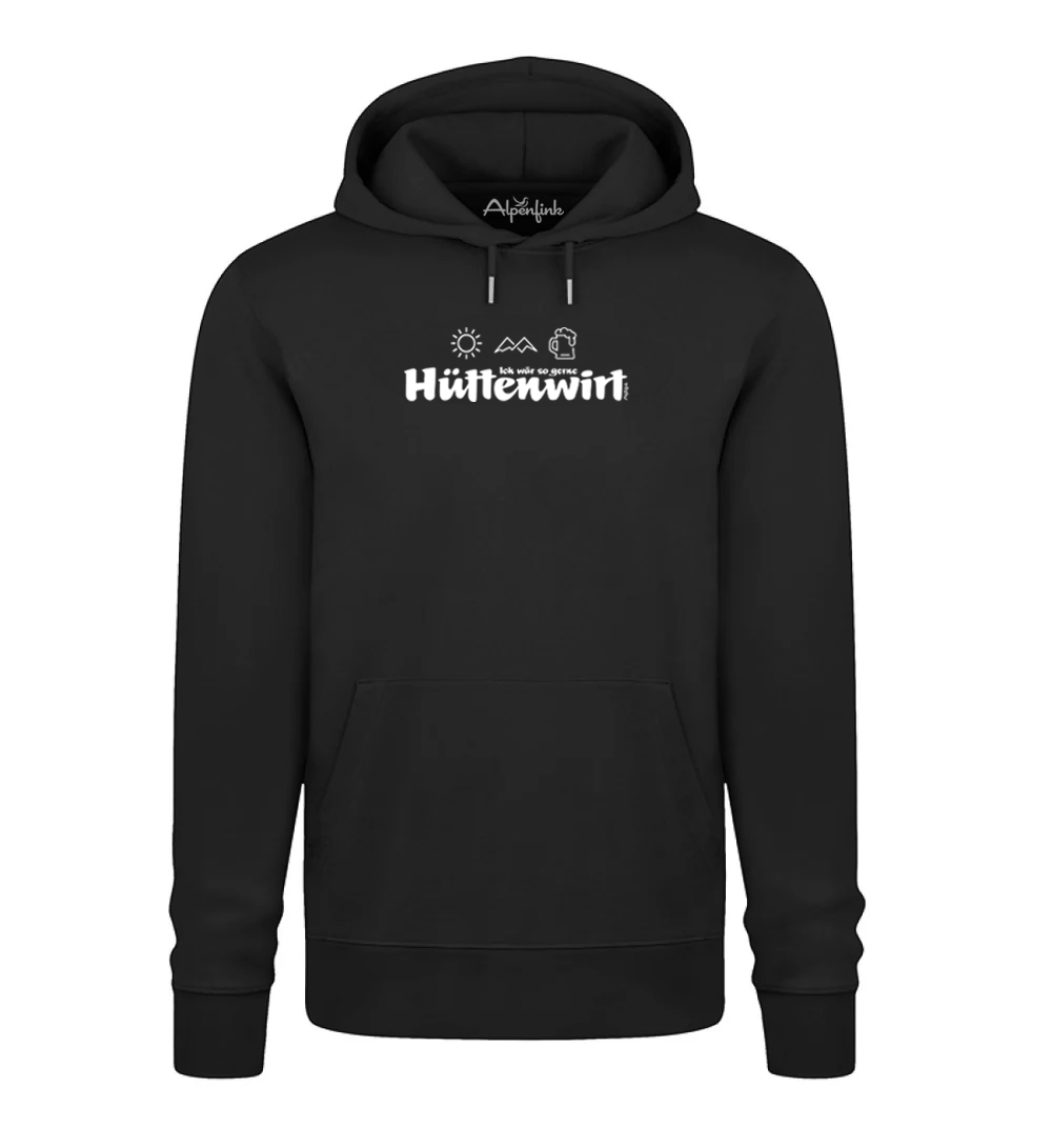 Schwarzer Herren Bio Hoodie mit Hüttenwirt Motiv