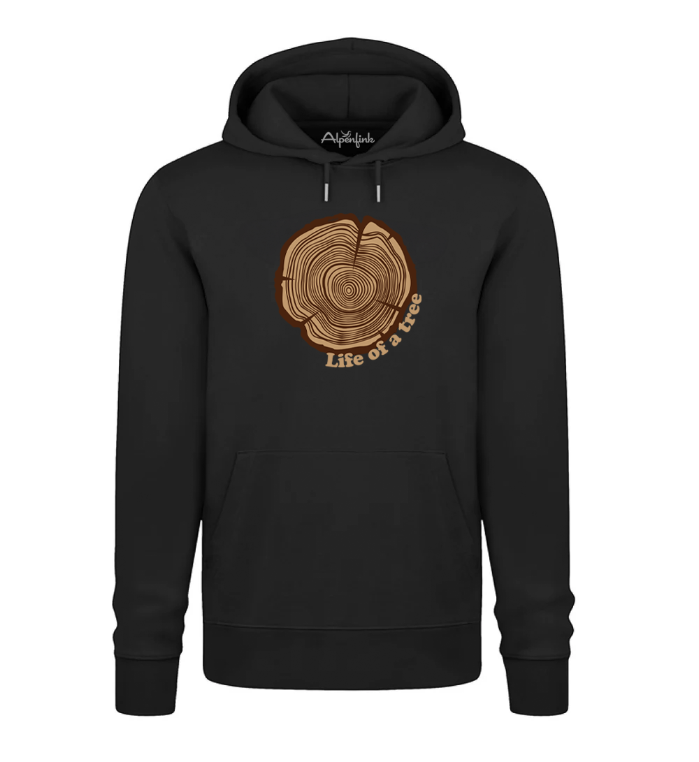 Schwarzer Herren Bio Hoodie mit Life of a Tree Motiv