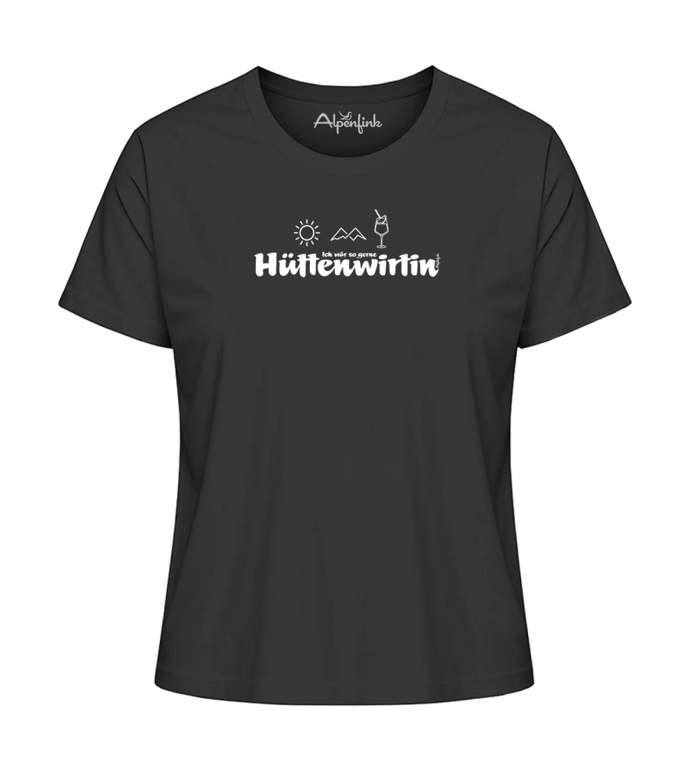 Schwarzes Damen Bio T-Shirt mit Hüttenwirtin Motiv
