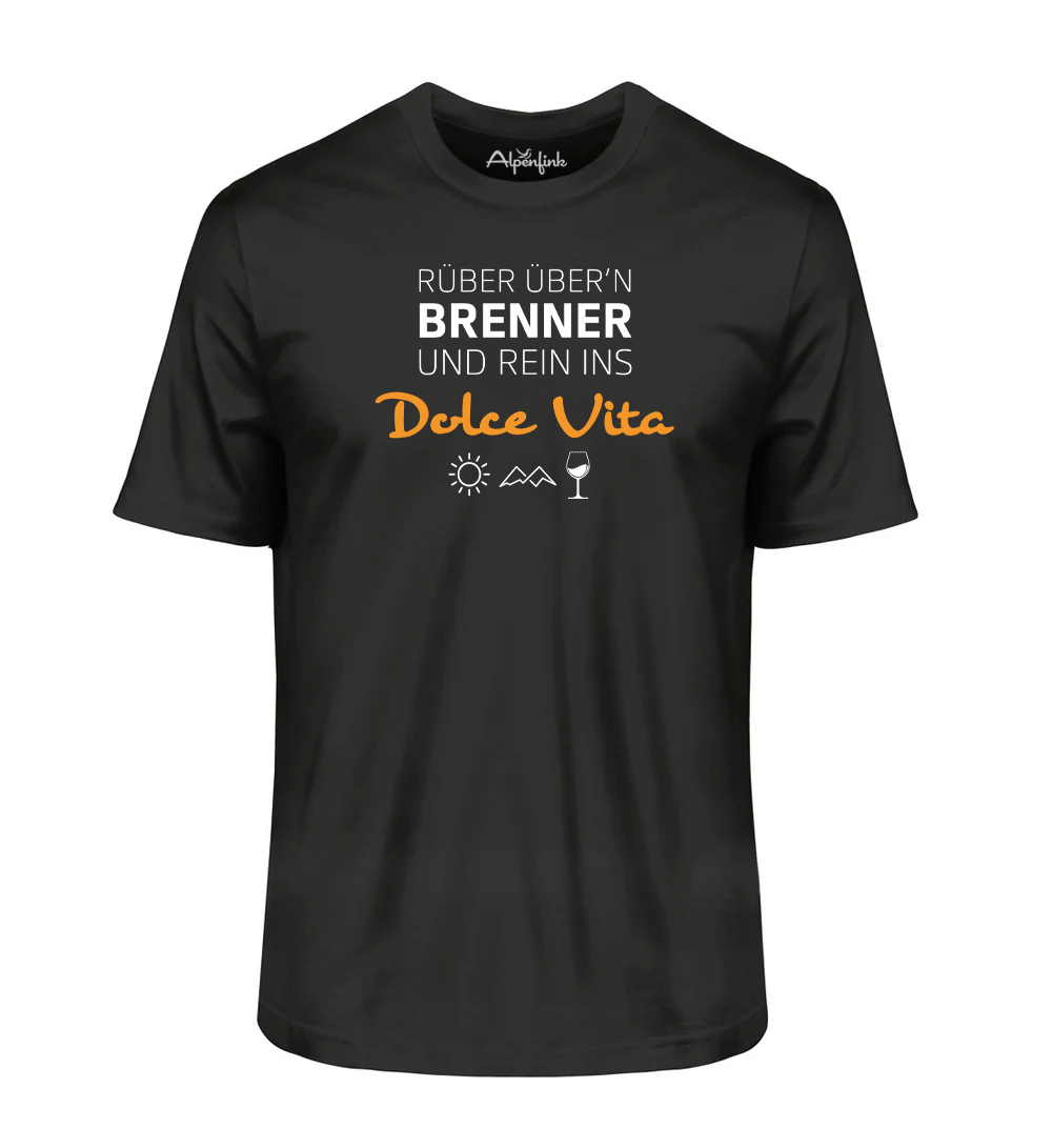 Schwarzes Herren Bio T-Shirt mit Motiv „Rüber übern Brenner und rein ins Dolce Vita“