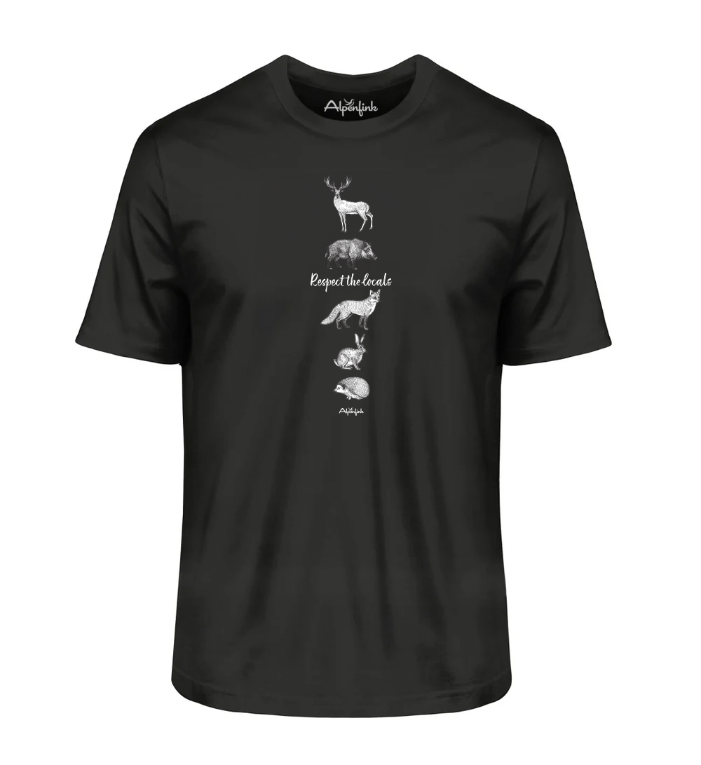 Schwarzes Herren Bio T-Shirt mit Respect the locals Waldtier-Motiv