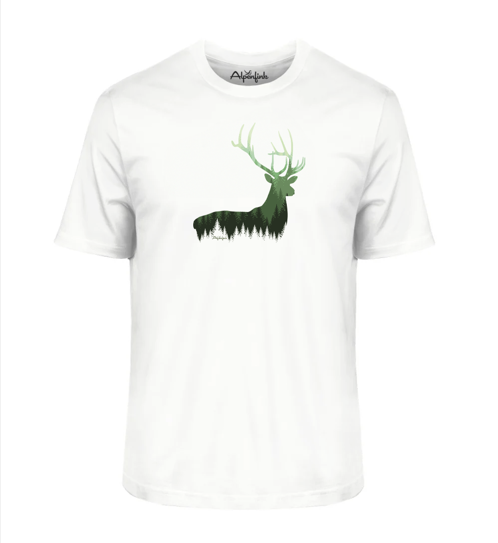 Weisses Herren Bio T-Shirt mit Hirsch im Wald Motiv