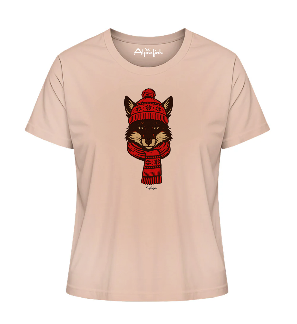 Illustration eines Fuchses mit rot gemusterter Wintermütze und Schal auf einem fraiche-paiche-farbenen Alpenfink Damen-T-Shirt.