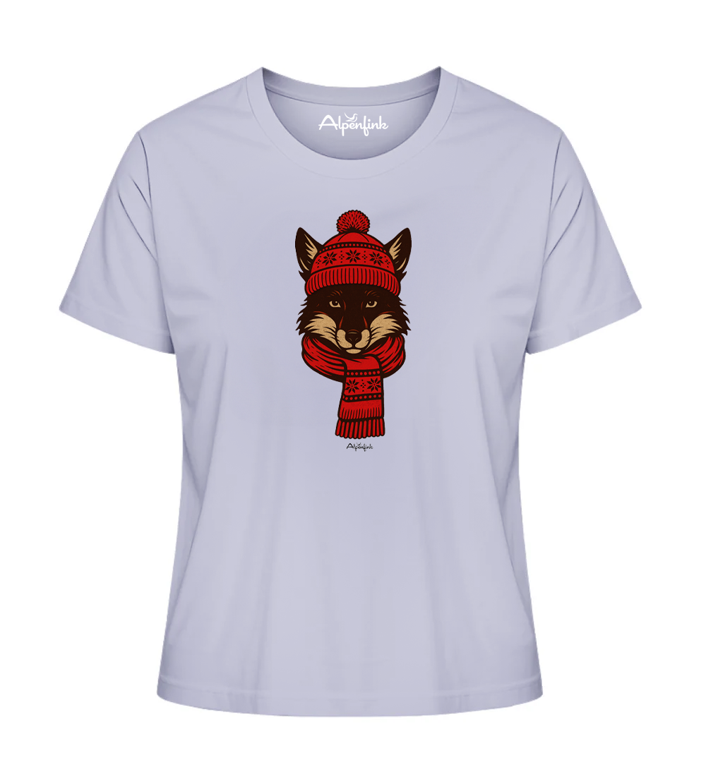 Illustration eines Fuchses mit rot gemusterter Wintermütze und Schal auf einem lavender-farbenen Alpenfink Damen-T-Shirt.